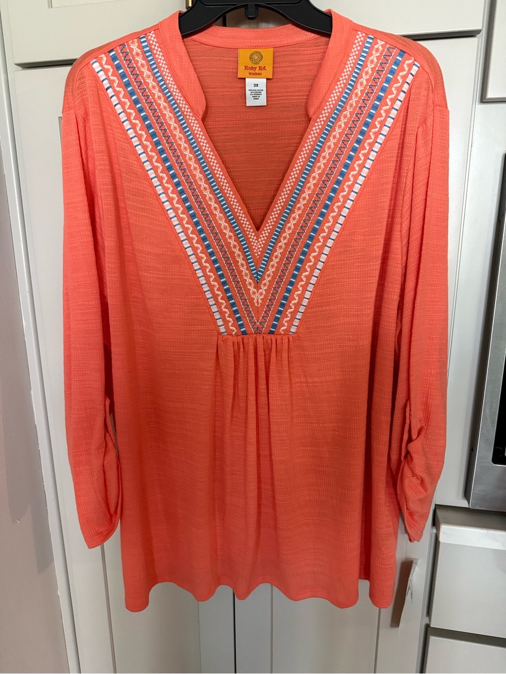 RUBY RD. Women’s Sz 3X Orange Roll Tabbed Sleeve V-Neck Shirt Embroidery NWT